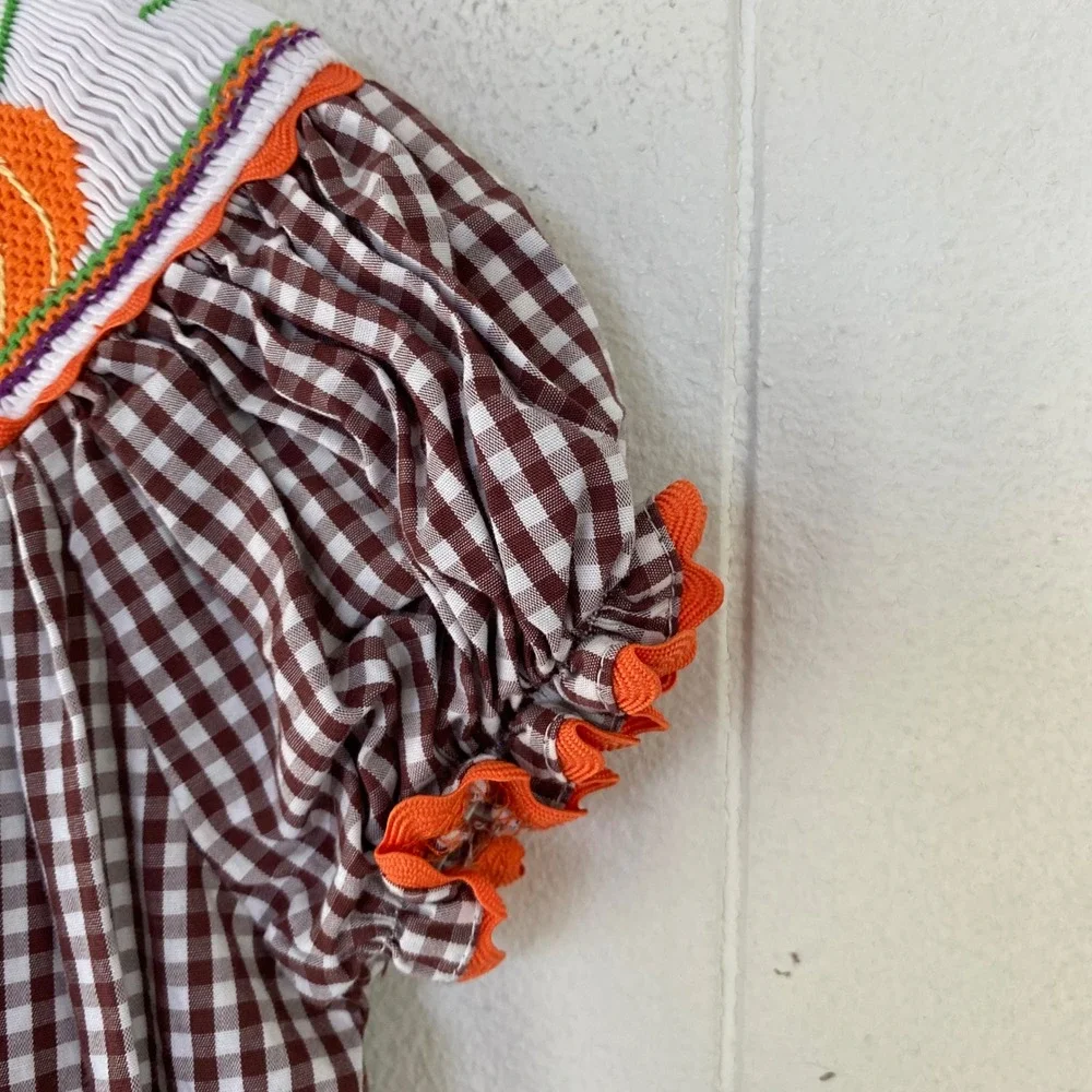 Marmellata Girls sz 3T Brown Gingham Smocked Pumpkin Thanksgiving Dress